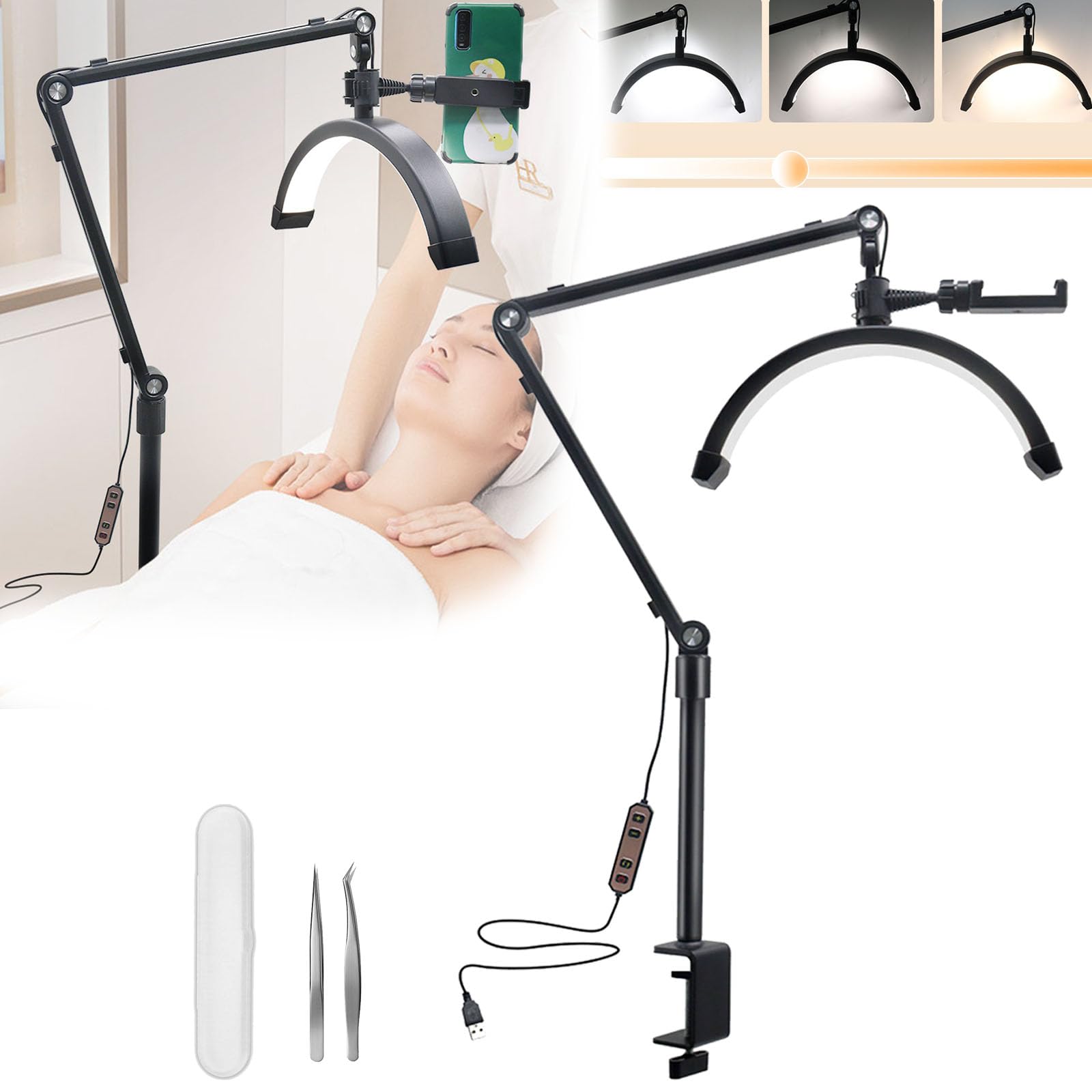 Aisny Lámpara Pestañas, Lámpara Media Luna Regulable 10W 12'' 3200K-5600K Con Cable USB C Abrazadera Soporte Para Teléfono Móvil 2 Rizadores Pestañas Para Vlogging Salón Belleza Maquillaje Noche