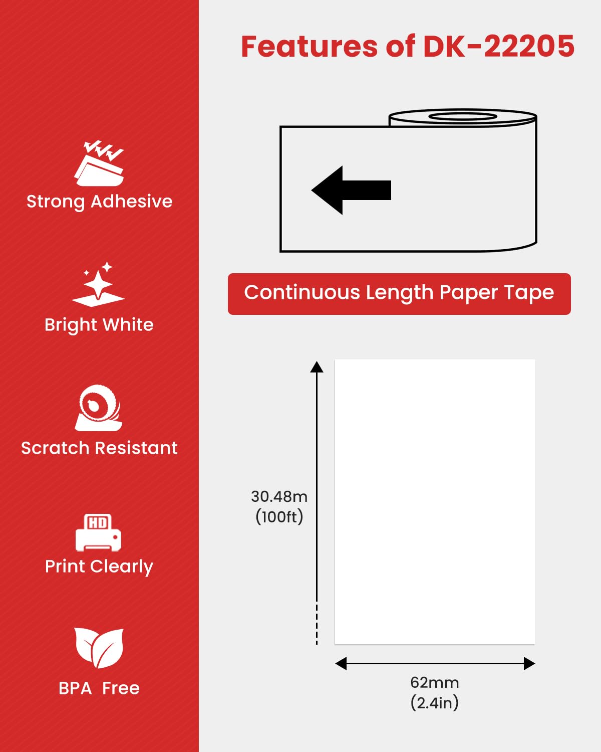 DK-22205 Rouleau de Papier Continu Compatible avec Brother DK22205 | 10 DK 22205 Étiquettes pour Imprimantes d'Étiquettes QL Brother, 1 Fixateurs Réutilisables, 62mm x 30.48m