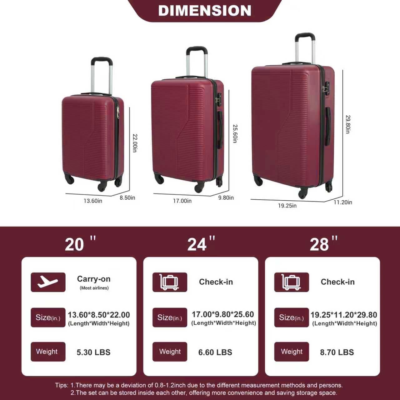 3 Piece Luggage Set Hardside Expandable Suitcase with Spinner Wheels, TSA Lock, Lightweight ABS Luggage for Travel 20/24/28 Inch — view 6