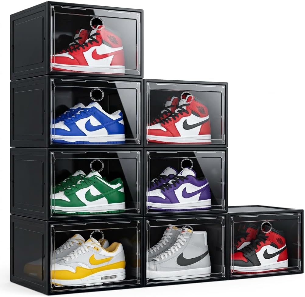 Large Shoe Boxes Clear Plastic Stackable, 8 Pack Drop Side Shoe Storage Organizer with Magnetic Door, Shoe Container Sneaker Storage Display Case Fit up to US Size 13 Black