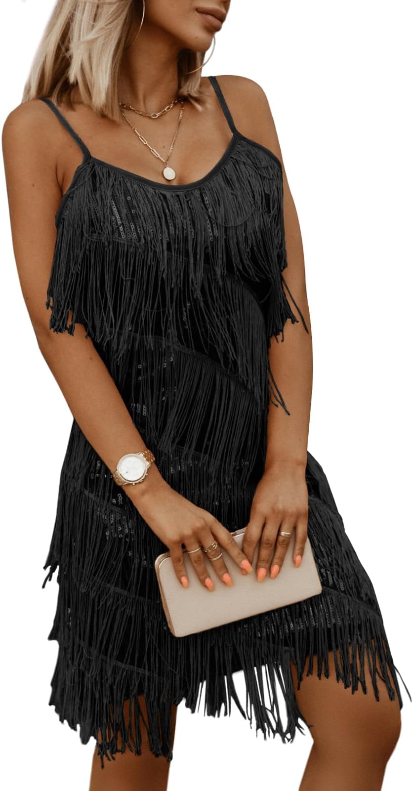 miduoWomens Sequin Tassel Fringe Party Dress Sleeveless Spaghetti Straps Flapper Dresses Cocktail Mini Dresses