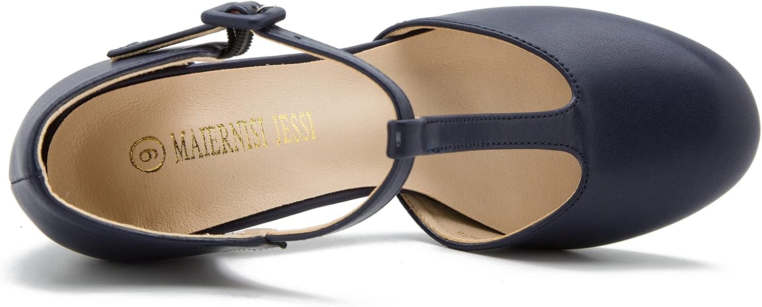 Women's T-Strap Mary Jane Pumps, Chunky Heel, Vintage Style, Cut Out, 3.54 Inch Round Toe Dress Shoes - Image 4