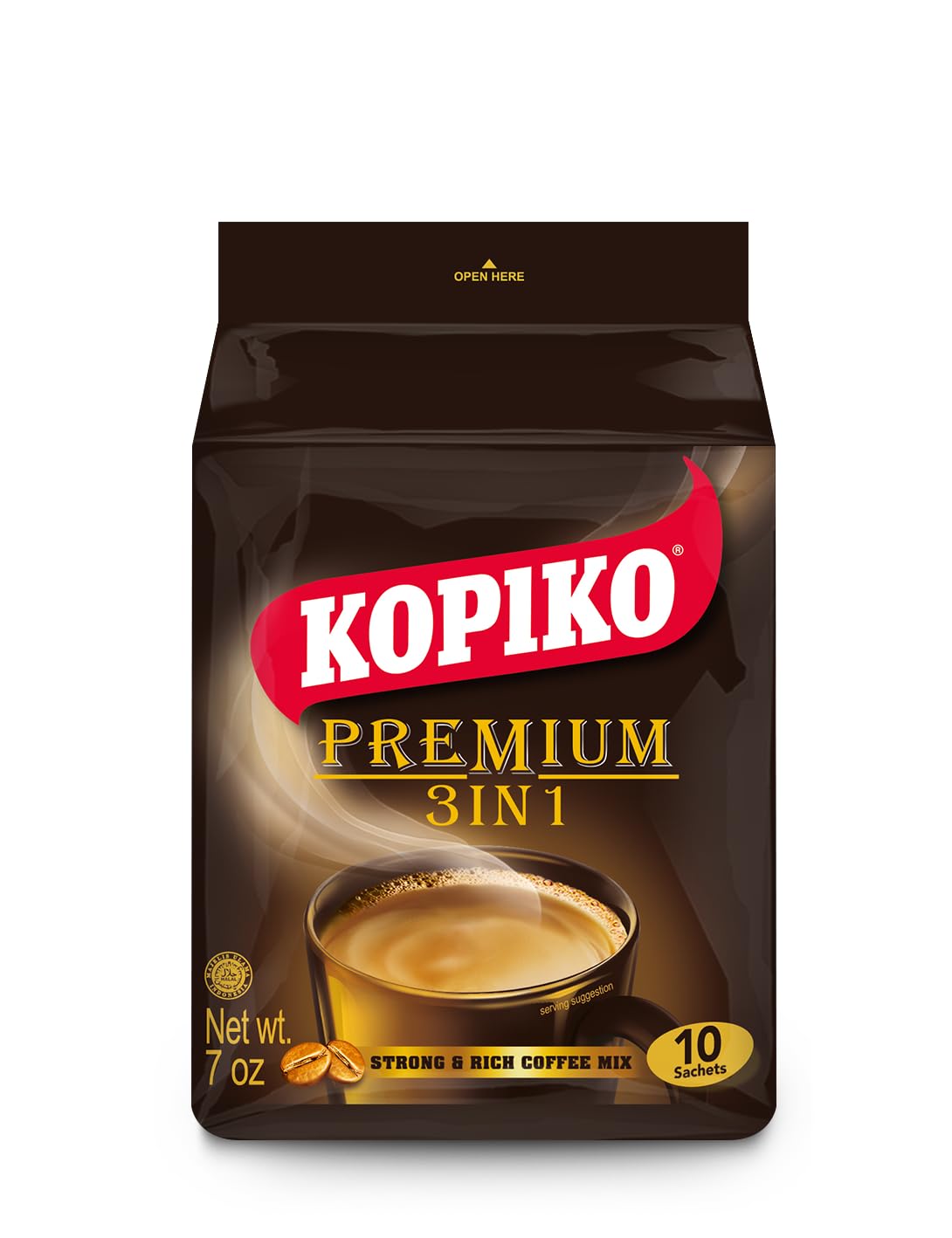 KOPIKO Premium 3 in 1 Instant Coffee Mix – Authentic Indonesian Volcanic Coffee, Strong Yet Smooth, Pre-Mixed with Creamer & Sugar (7.1 OZ in 10 Coffee Sachets)