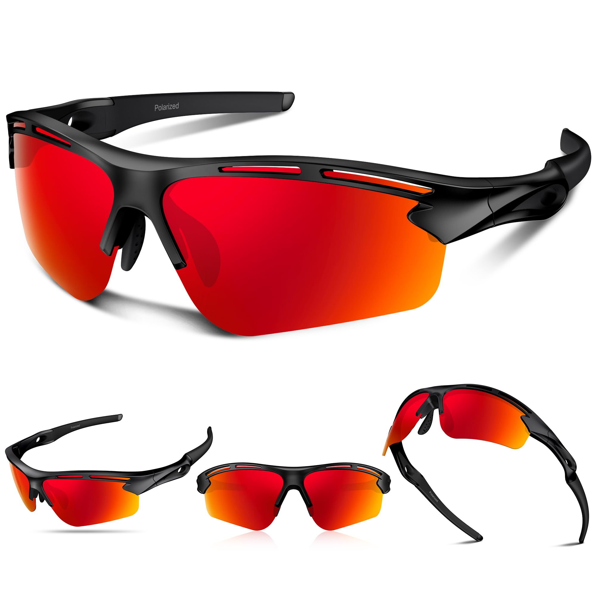 Polarized Sports Sunglasses for Men Women UV400 Protection for Running Cycling Fishing Hiking TR90, Black, Matte, Red, One Size