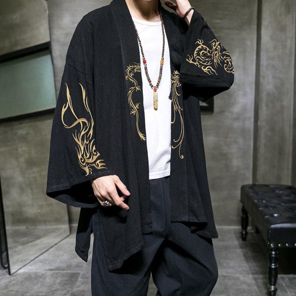 Kimono Japonais Homme Haori - Noir - Coton - Taille Unique Ajustable - Déguisement Samouraï Ou Veste Décontractée - 12