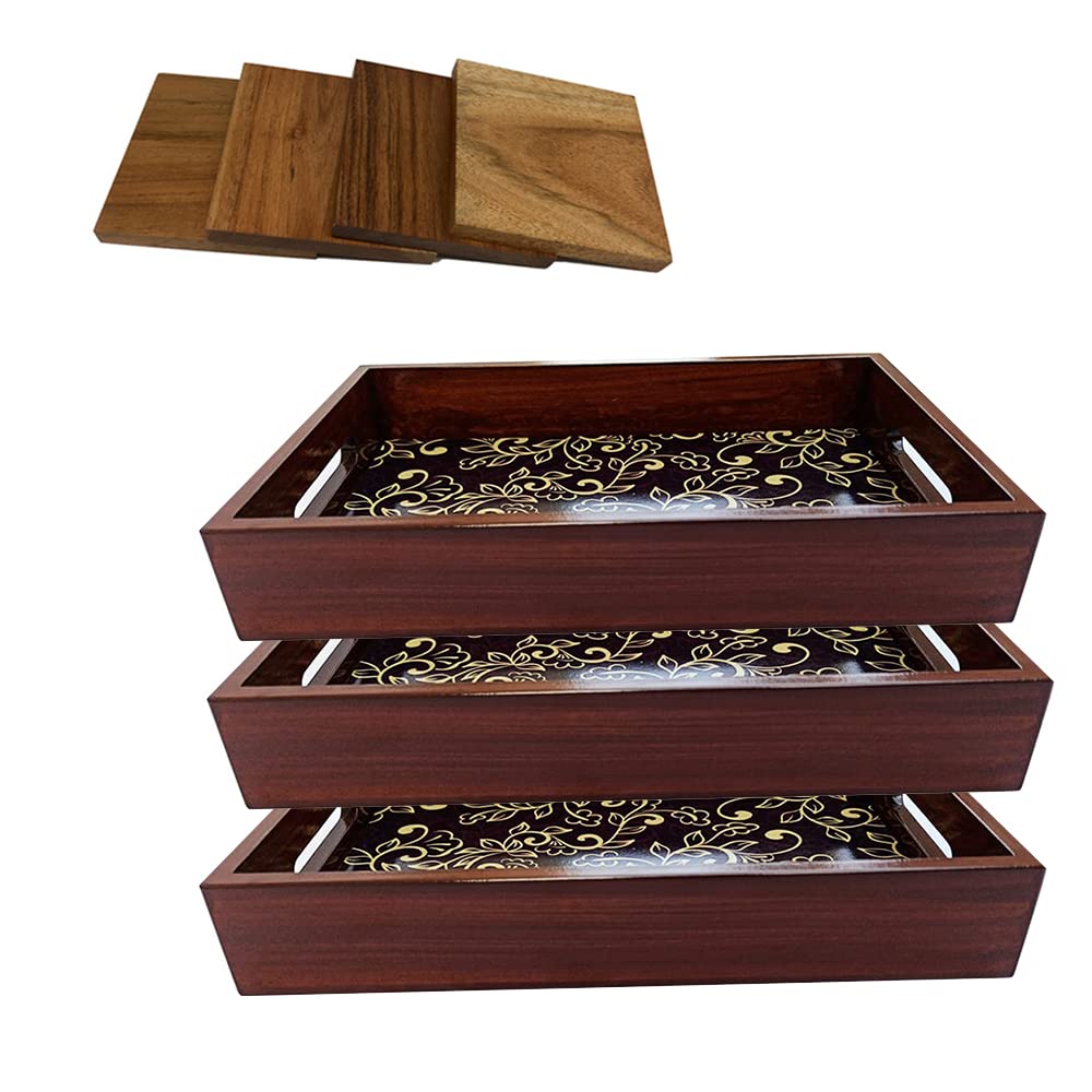 Angira Handicrafts Wooden Handmade Digital Print Decorative Serving Tray, Handcrafted Wooden Coffee Serving, Tea Serving Tray (Set of 3) with 4 Mango Wood Coaters