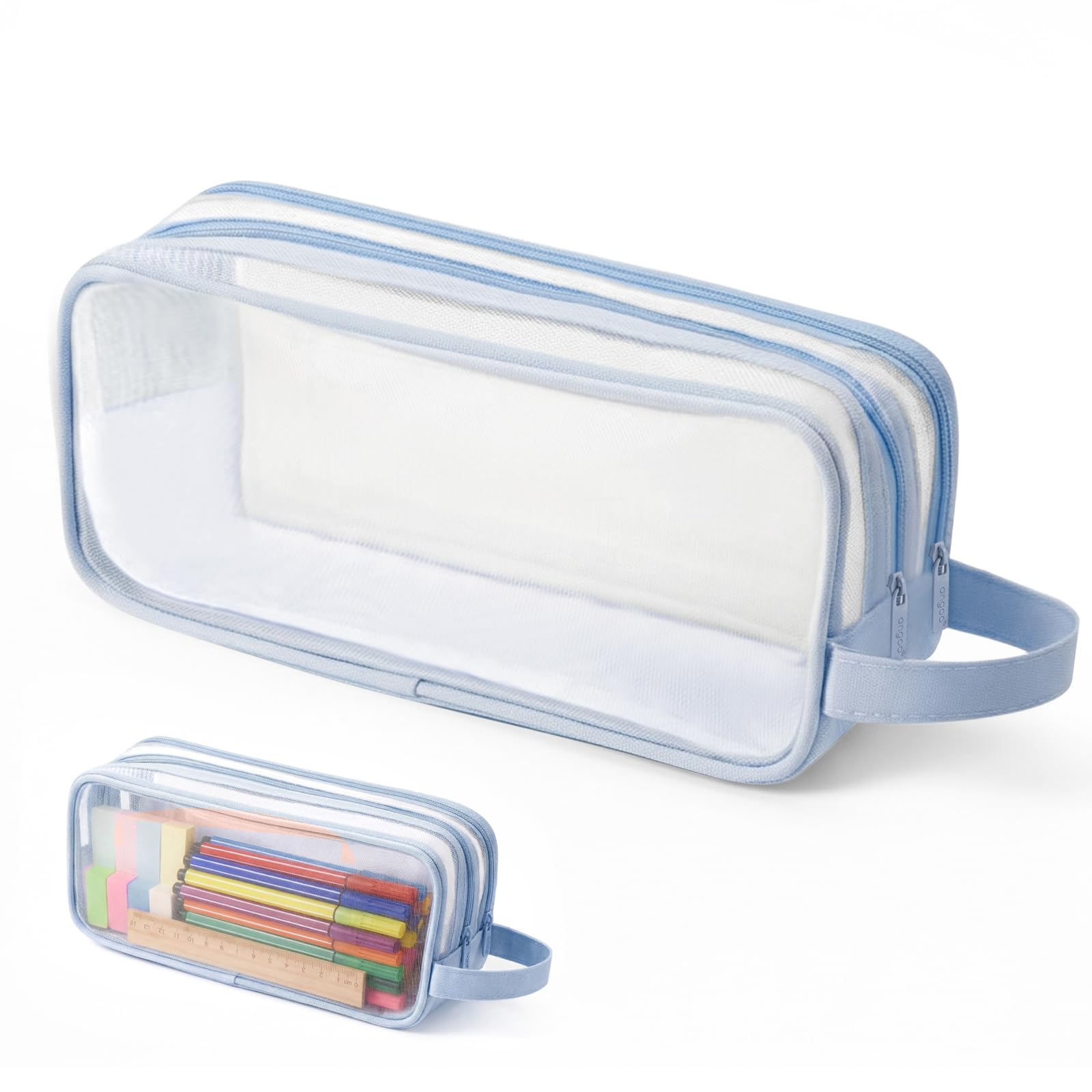 Clear Pencil Case,Transparent Pencil Case,Mesh Pencil Cases for Exam,Large Capacity 2 Compartment Pen Bag,Portable Pencil Pouch,Makeup Bag,See Through Pencil Cases for Boys,Girls,School,Office(Blue)