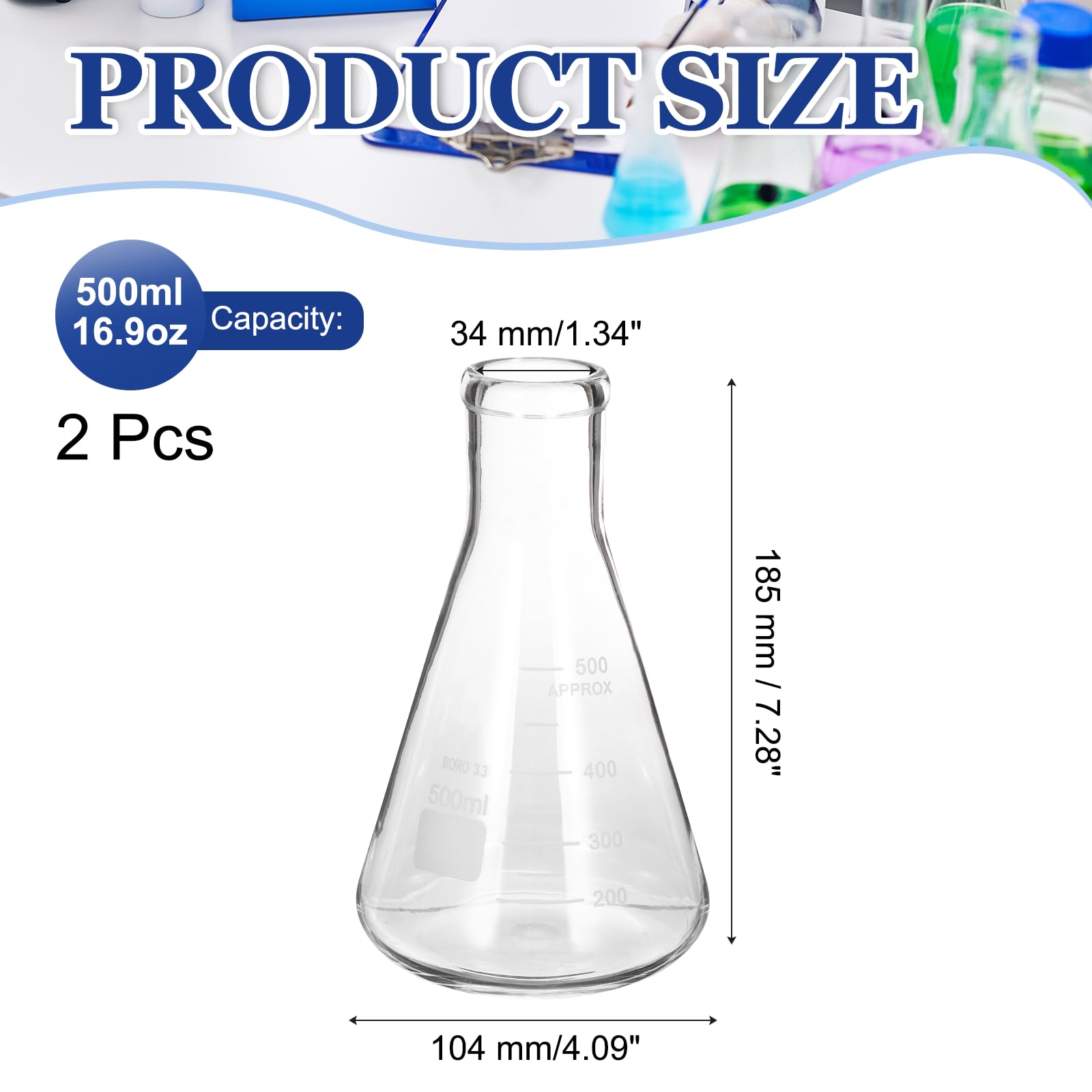 PATIKIL 500ml 16.9oz Flacone Conico A Bocca Stretta, 2Pcs Vetro Borosilicato Con Tappo In Silicone A Nucleo Sabbioso Flaconi Graduati Con Misura Stampata Per Laboratorio, Trasparente.