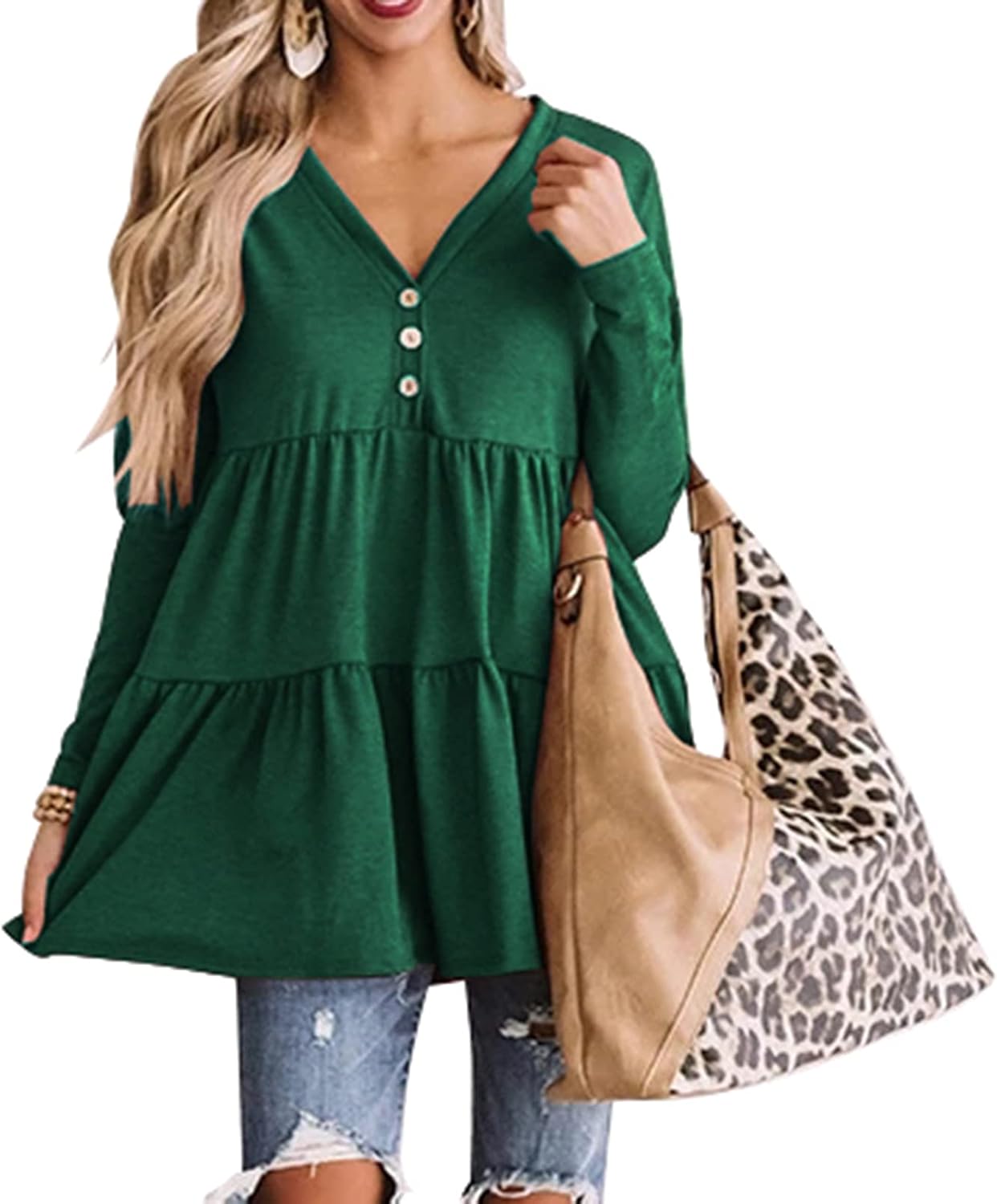 FeelinGirl Women's Long Sleeve V Neck Tops Button Up Ruffle Babydoll Tunic Tops Green