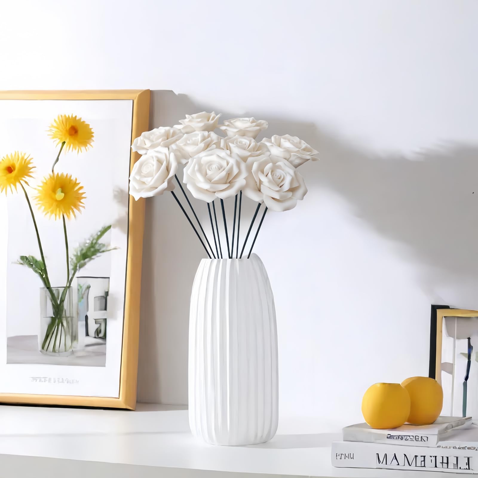 Handgefertigte Porzellan 3D Keramik Rose Blume Ewige Blume Dekoration für Home Office Decor Kreative Desktop Vasen Porzellan Dekorationen Set von 9 (Weiß)