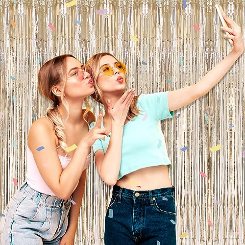Image of 6 Pack Champagne Gold Foil Fringe Curtain Backdrop, 3.28Ft x 8.2Ft Metallic Tinsel Foil Fringe Streamer Curtains for Photo Booth, Christmas Day, Thanksgiving, Wedding, New Year Party Decorations