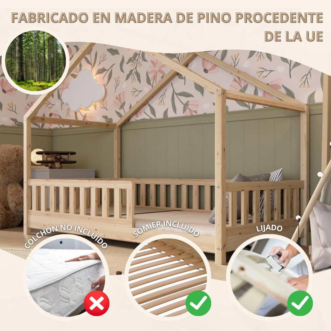 Cama Montessori en Forma de Casa 190x90 cm - Cama Infantil con Protección contra Caídas 31,5cm - Camas Infantiles niños y niñas - Madera Natural
