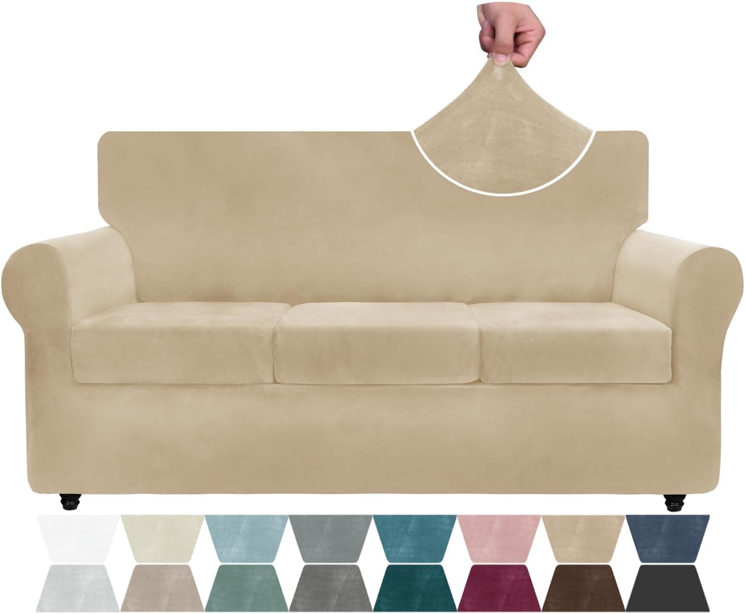 ZNSAYOTX Luxury Velvet Couch Cover 4 Piece Stretch Sofa Covers for 3 Cushion Couch Thick Soft Spandex Sofa Slipcover Living Room Anti Slip Dogs Pet Furniture Protector (Camel), 71"-91"(3 Cushions) 71"-91"(3 CUSHIONS) Camel