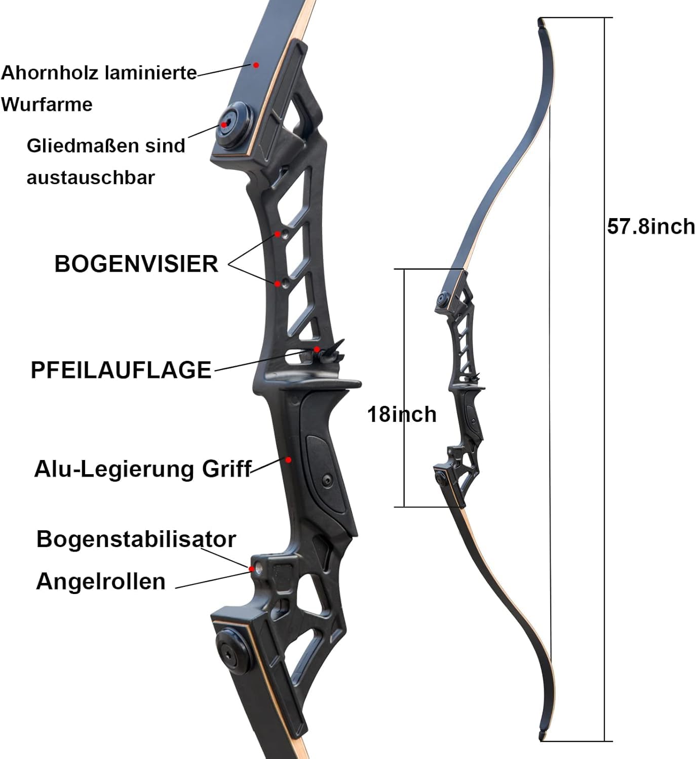 57" Recurvebogen Pfeil und Bogen Set für Erwachsene Rechte Hand 30-60LBS Jagd Longbow Set für Die Jagdpraxis Outdoor-Sportarten
