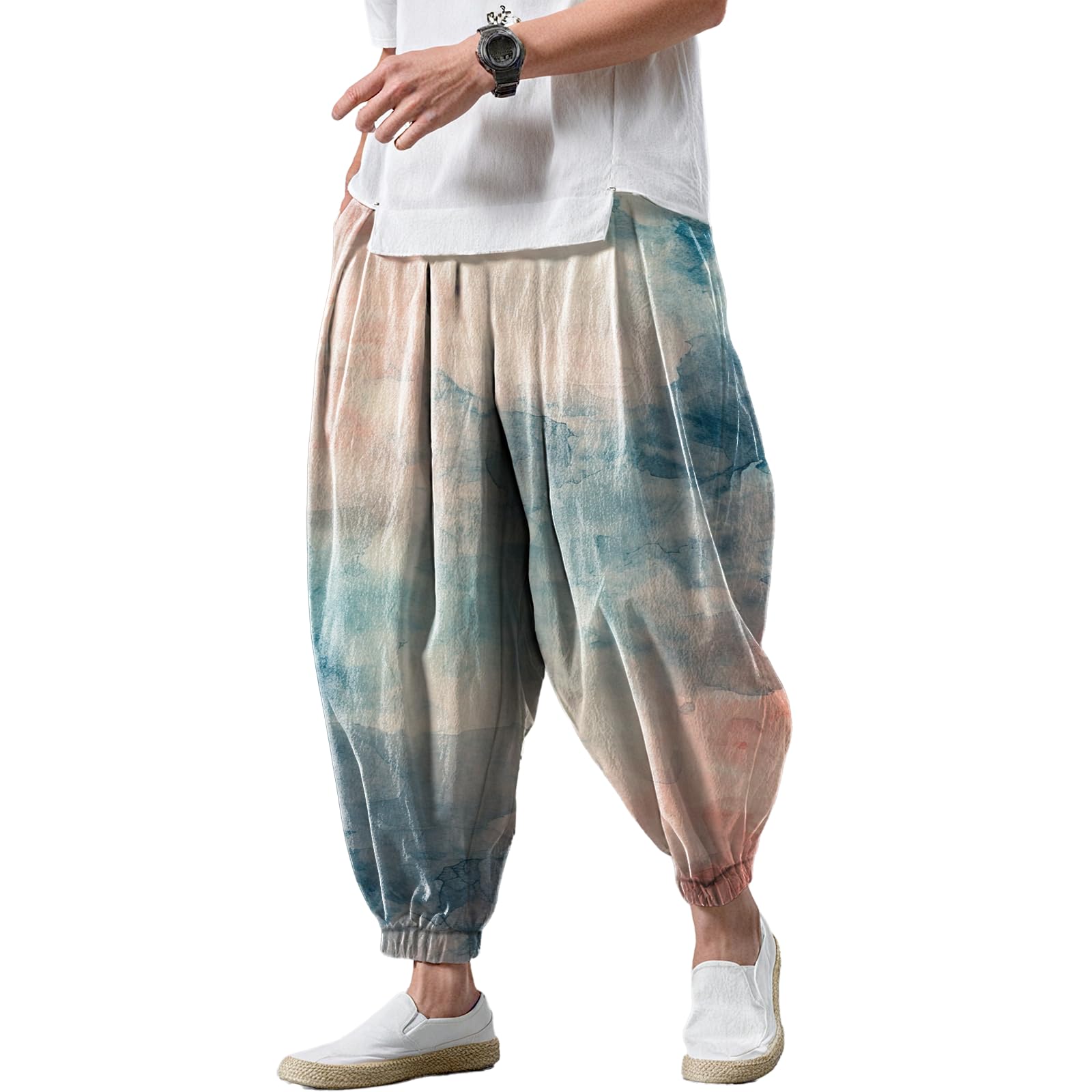 MARSVOVO Harem Pants for Mens Fashion Trousers Loose Elastic Waist Drawstring Belted Casual with Pockets Japanese Style