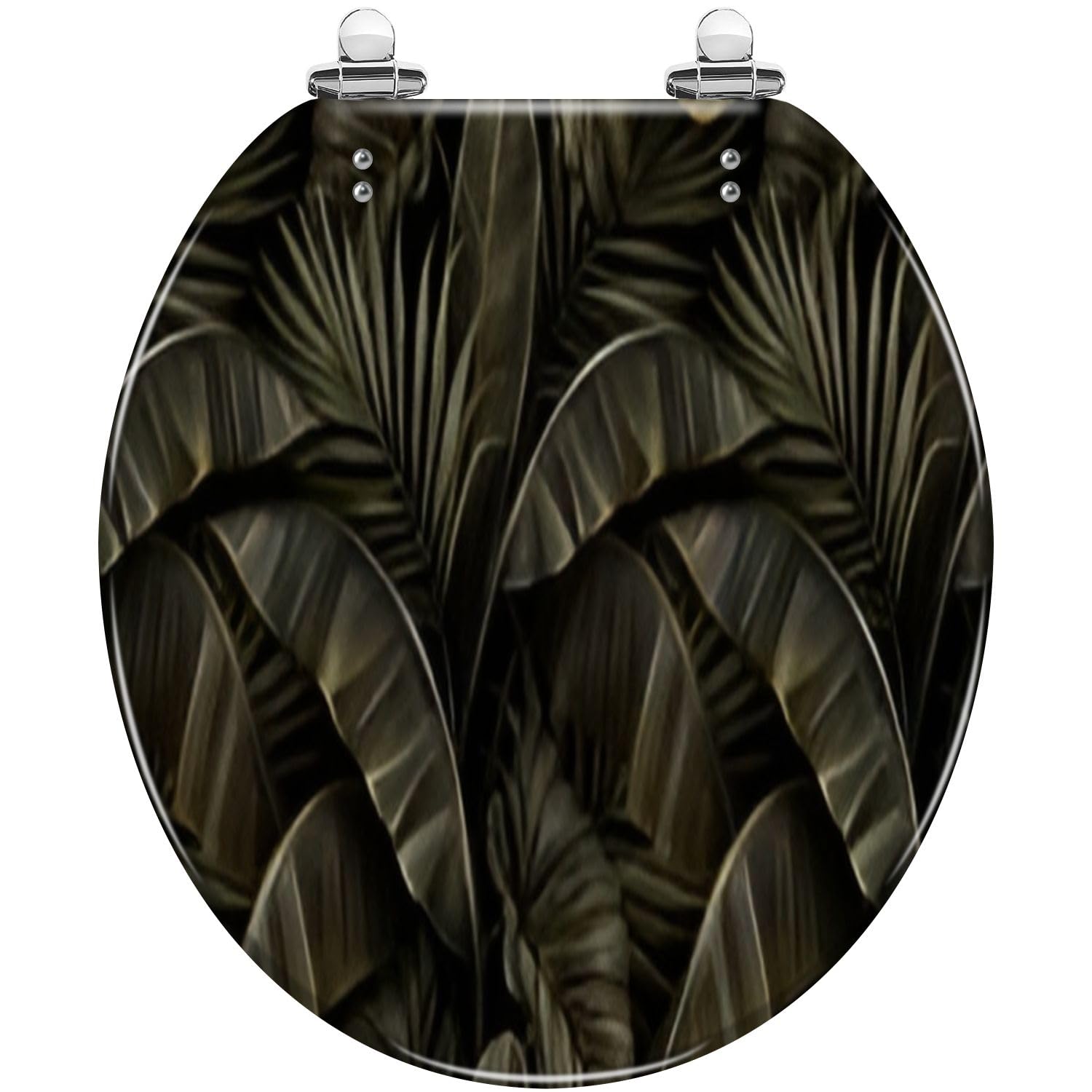 Round Toilet Seat Tropical exotic seamless pattern dark golden vintage banana leaves Resin Toilet Seat Quietly Slow Close with Quick-Release Hinges Toilet Seat with Cover Easy to Clean Install