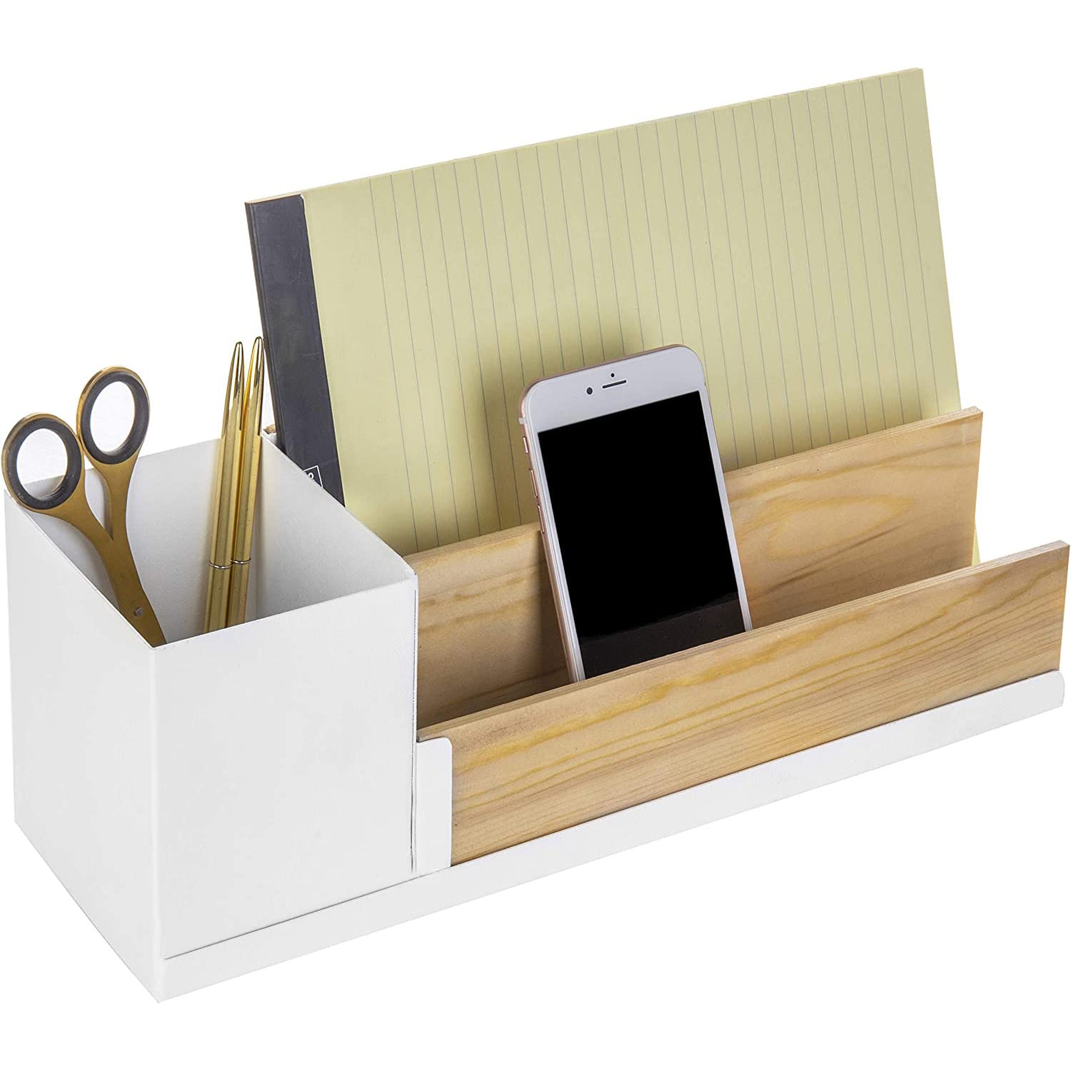 MyGift White Metal & Natural Wood Mail Holder and Desk Organizer with Pencil Cup