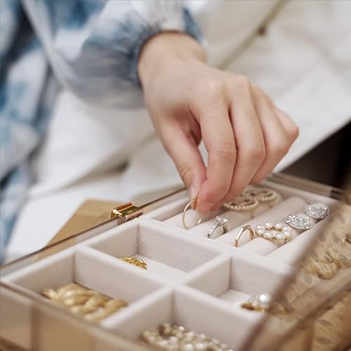 Miniatura 7 de JINGJING Caja organizadora de joyas con tapa transparente 3 cajones para mujeres niñas hombres soporte para anillos diseño clásico a cuadros