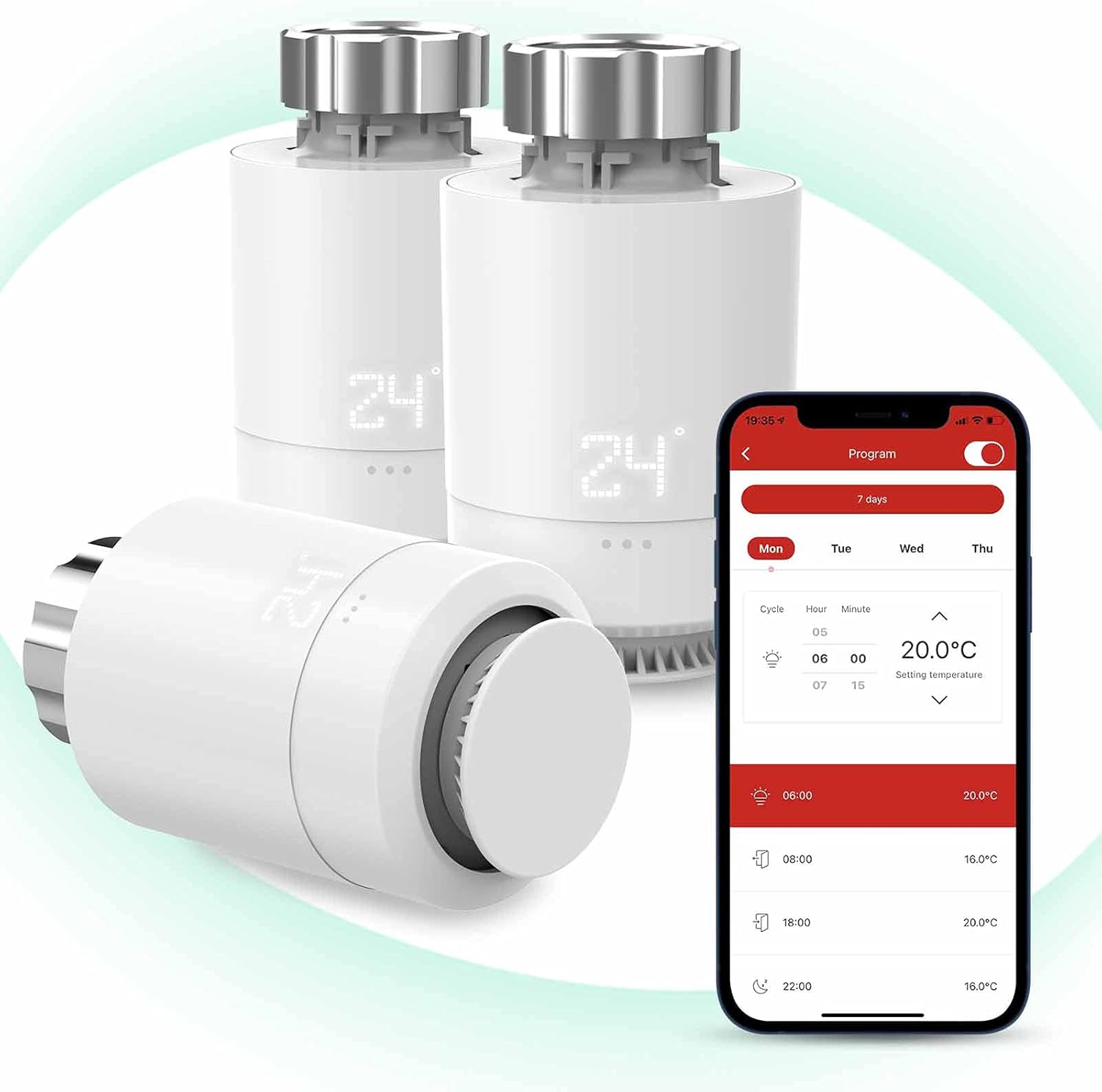 Valvula Radiador Termostatica, Termostato de Calefacción Programable Compatible con Alexa y Google Home (Se Necesita Gateway),M30*1,5, Función de Bloqueo para niños, 3 Packs