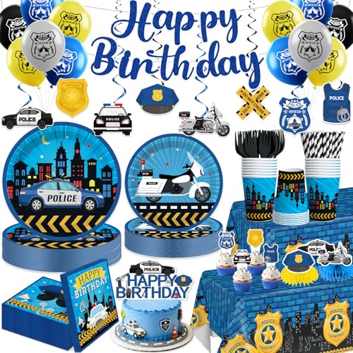 189pcs Police Birthday Party Decorations Tableware Complete Set, Serves 25 Guests, Police Party Decorations Kit with Banner Plates, Napkins, Balloons,