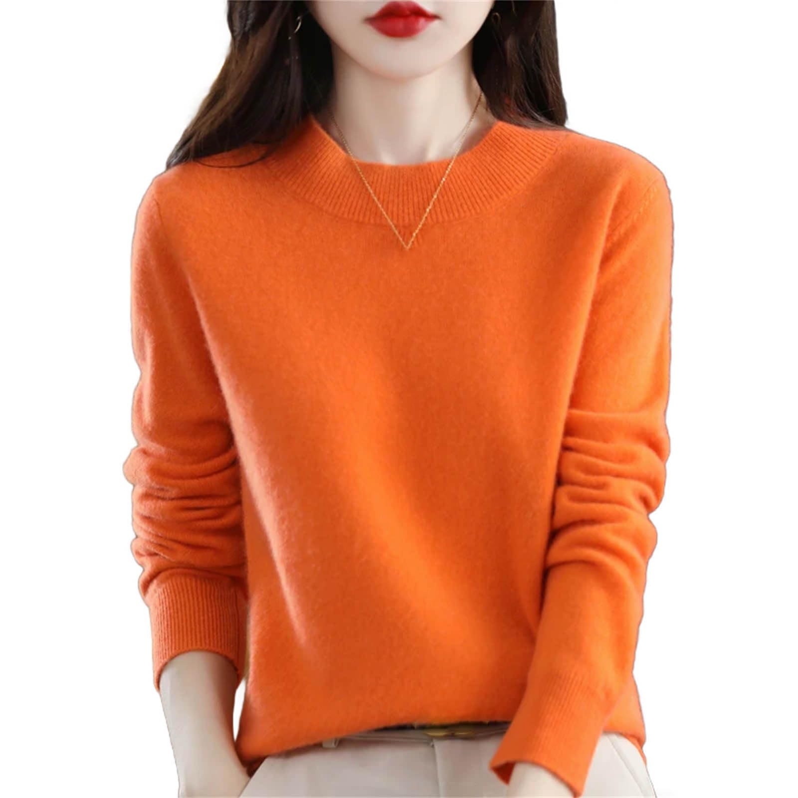 Cashmere Sweaters for Women,Fall Winter Warm Cashmere Long Sleeve Crew Knit Pullover Jumper Tops Wool Sweater for Womens (Orange,L)
