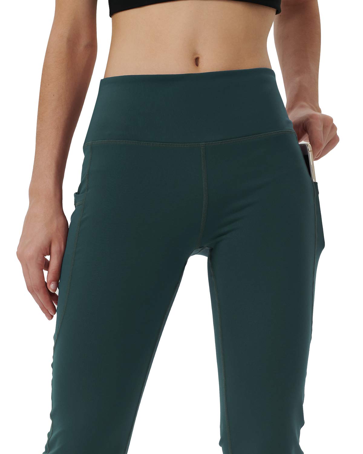Damskie spodnie do jogi bootleg z ukrytymi kieszeniami kontrola brzucha legginsy do biegania długie bootcut, ZIELONY, L