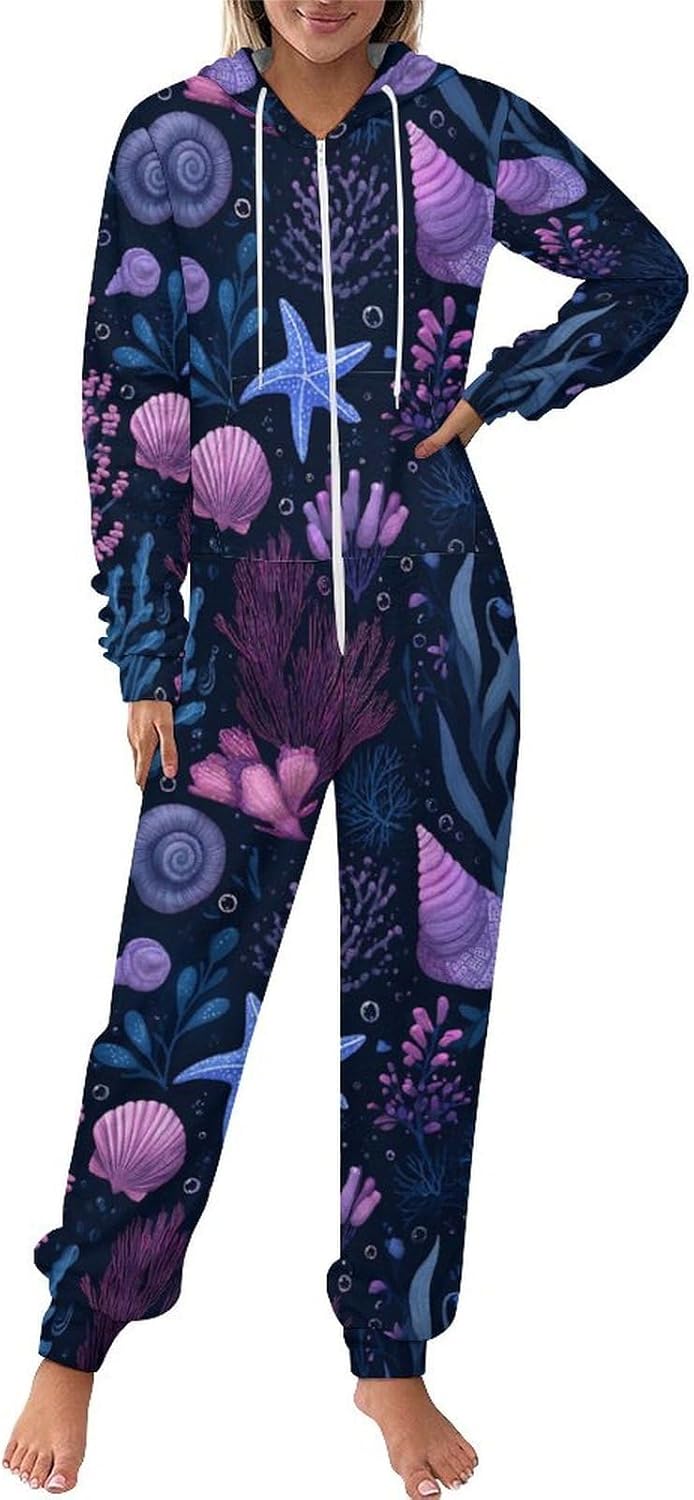 Adult Flannel Hoodie One Pieces Pjs Sets Purple Ocean One-Piece Pajama for Women & Men Soft Warm 4X-Large