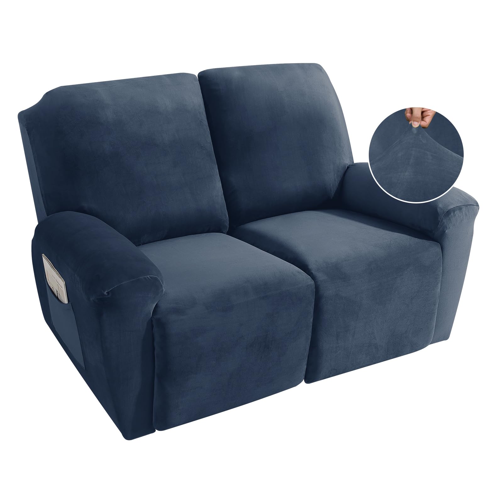 MAXIJIN Recliner Loveseat Slipcover, 6 Pieces Stretch Velvet Reclining Sofa Cover, 2 Seater Love Seat Recliner Couch Cover, Thick, Soft, Washable Furniture Cover (Loveseat Recliner, Navy Blue)