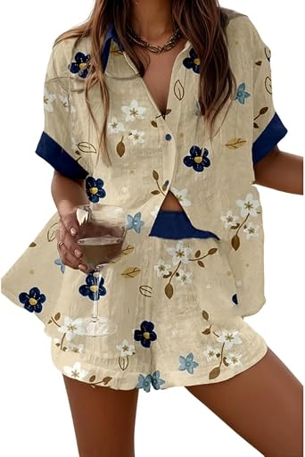2 Piece Sets for Women Summer Casual Loose Printed Oversized Shirts Drawstring & Shorts Vacation Outfits with Pockets