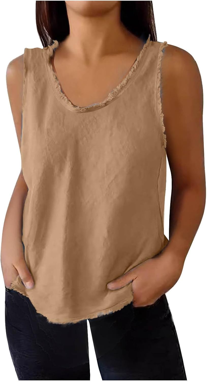 Women’s Sleeveless V-Neck Cotton Linen Tank Tops 2025 Summer Camisoles with Solid Colors and Raw Edge Hem