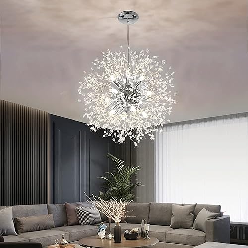 Miniatura 3 de Mivenda - Lámpara de araña moderna de cristal con 12 luces, cromada, diseño de diente de león, lámpara colgante personalizada para techo, candelabro