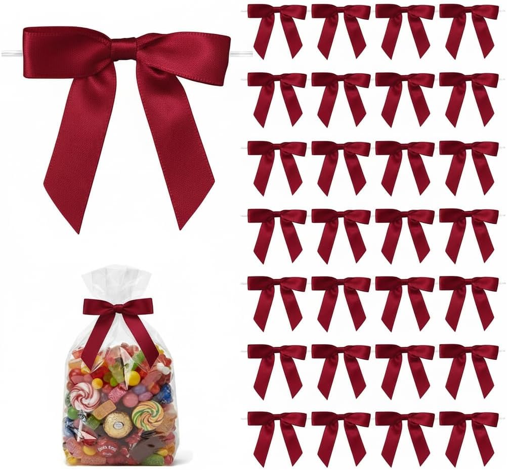 50 Pack Satin Twist Tie Bows for Gift Bags & Party Favors, 2.5 Inch Pre-Tied Ribbon Bows for Gift Wrapping, Birthday & Wedding Event Decorations - Burgundy