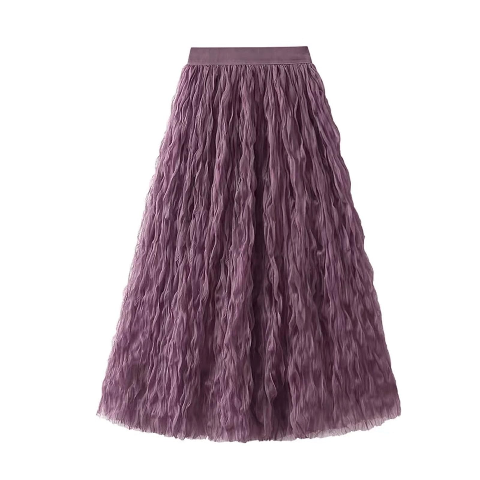 DUddTTW A-line Women's Midi Skirt Pleated Ankle Length Skirts Elastic Waisted Swing Skirt Wavy Maxi Skirts Mesh Midi Length Flowy Skirt(Lila,M)