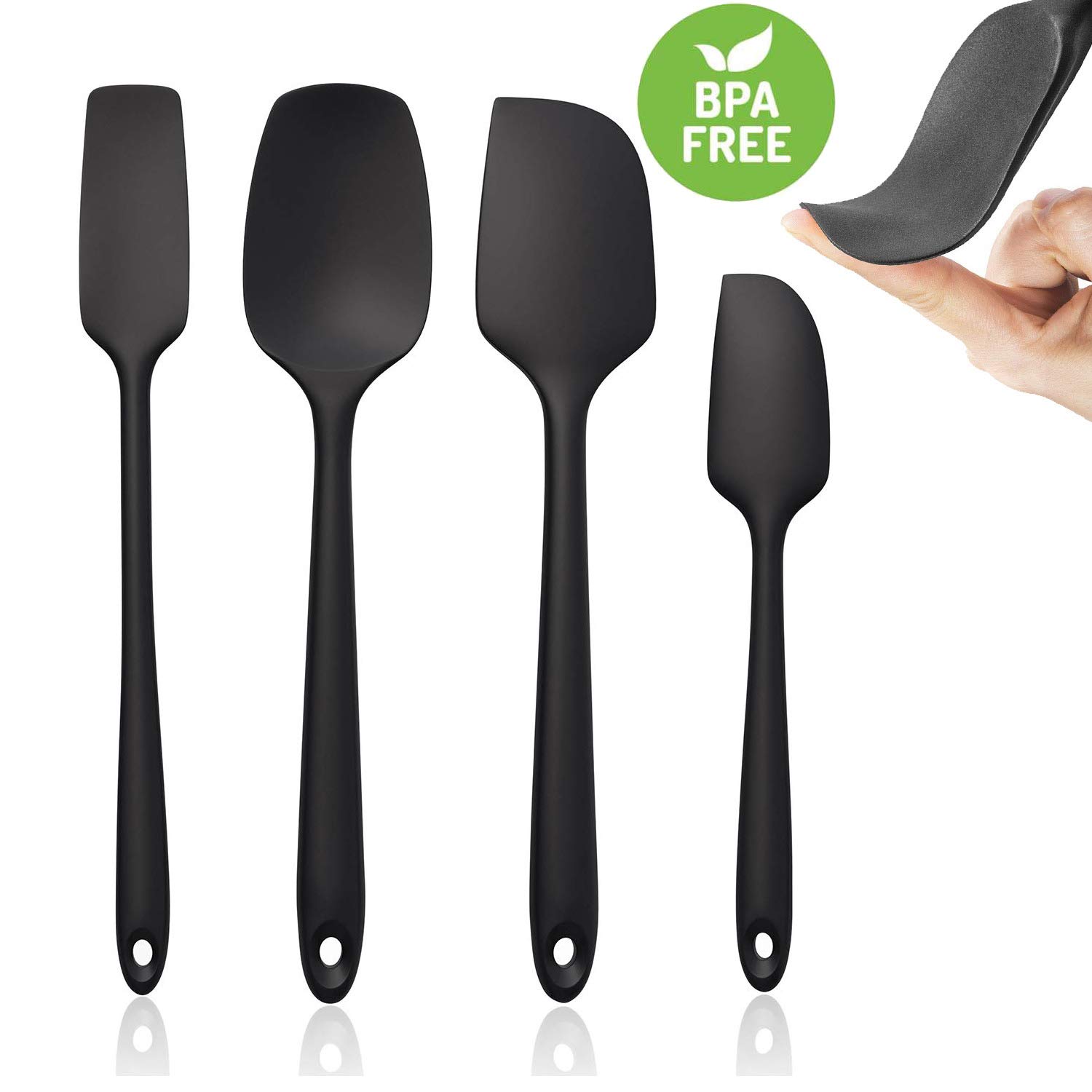 Silicone Spatula Set Heat Resistant, 4Pcs Non-stick Rubber Spatulas for Cooking, Baking & Mixing Kitchen Utensils One Piece Seamless Spatulas with Strong Stainless Steel Core Dishwasher Safe (Black)