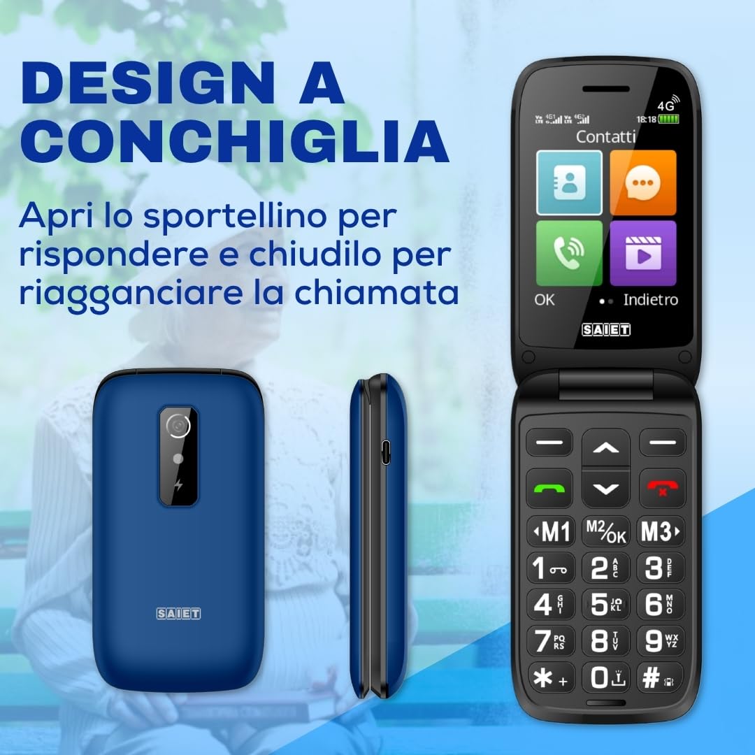 SAIET SHELL 4G Cellulare per Anziani Flip con Tasti Grandi, Audio Alto, SOS | Telefono Flip Senior Facile da Usare con Display 2.8" e Caratteri Grandi, Base di Ricarica, Torcia e Fotocamera - Blu