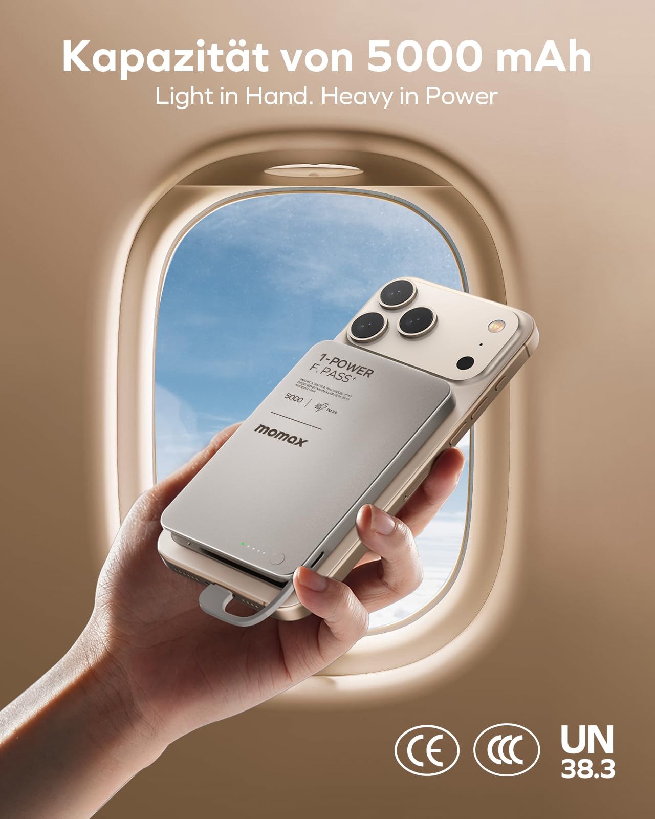 MOMAX 5000mAh Powerbank PD 20W Schnelladegerät- 0,8cm Ultraflache Powerbank mit integriertem Kabel für iPhone 15~17 Serie (Nicht drahtlos Aufladen)