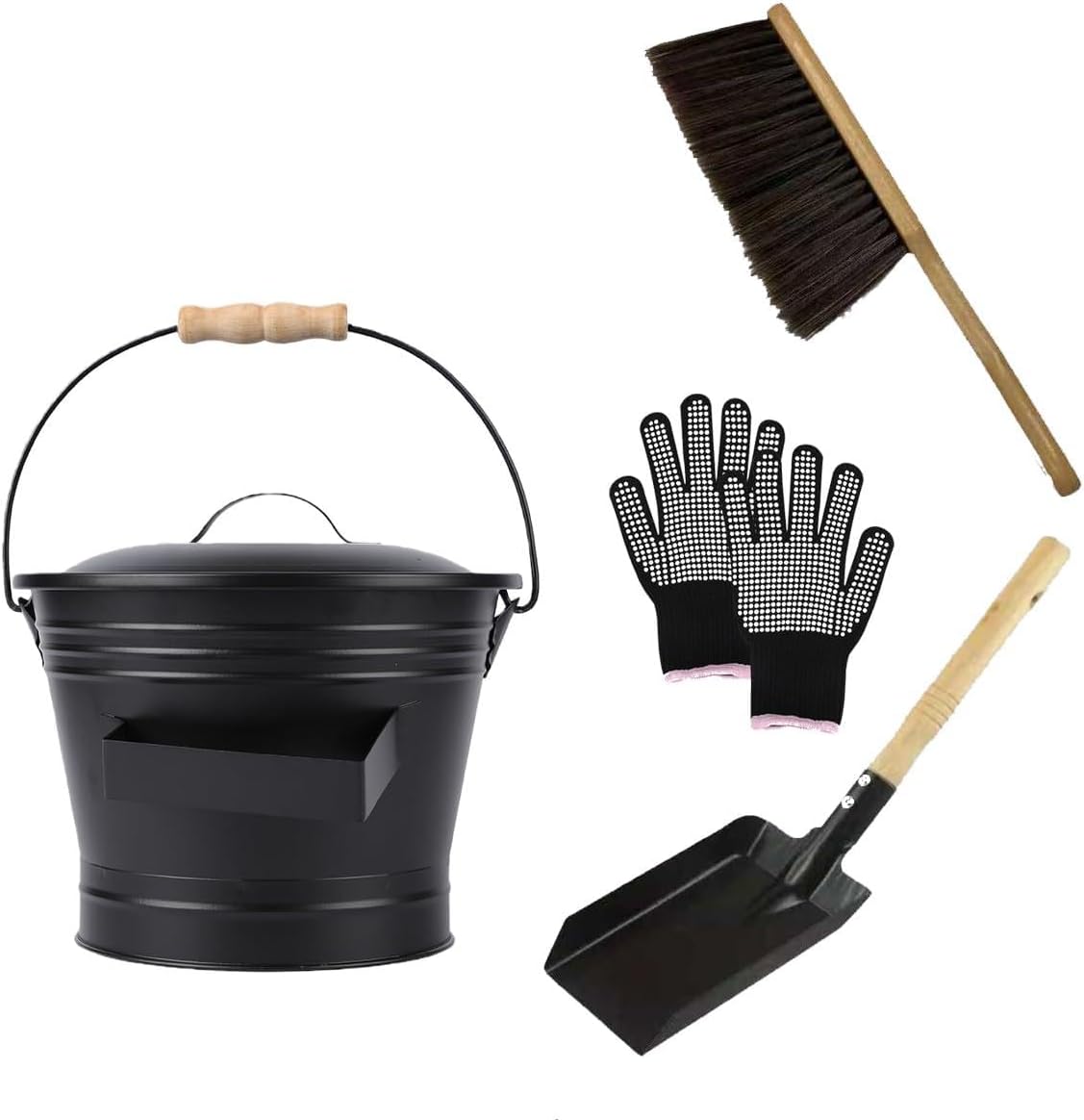 4-Piece Stove and Fireplace Cleaning Kit: Ash Bucket, Brush, Gloves, Trowel Tools Set - Fireplace Tools & Accessories