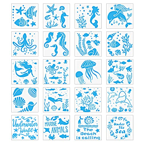MHwan Plantillas para pintar paredes infantiles, Plantillas para pintar Material PET Reutilizable, Lavable, Plantillas Huecas para Niños DIY Mundo Submarino Vida Marina 15*15cm(20 Hojas) Cover
