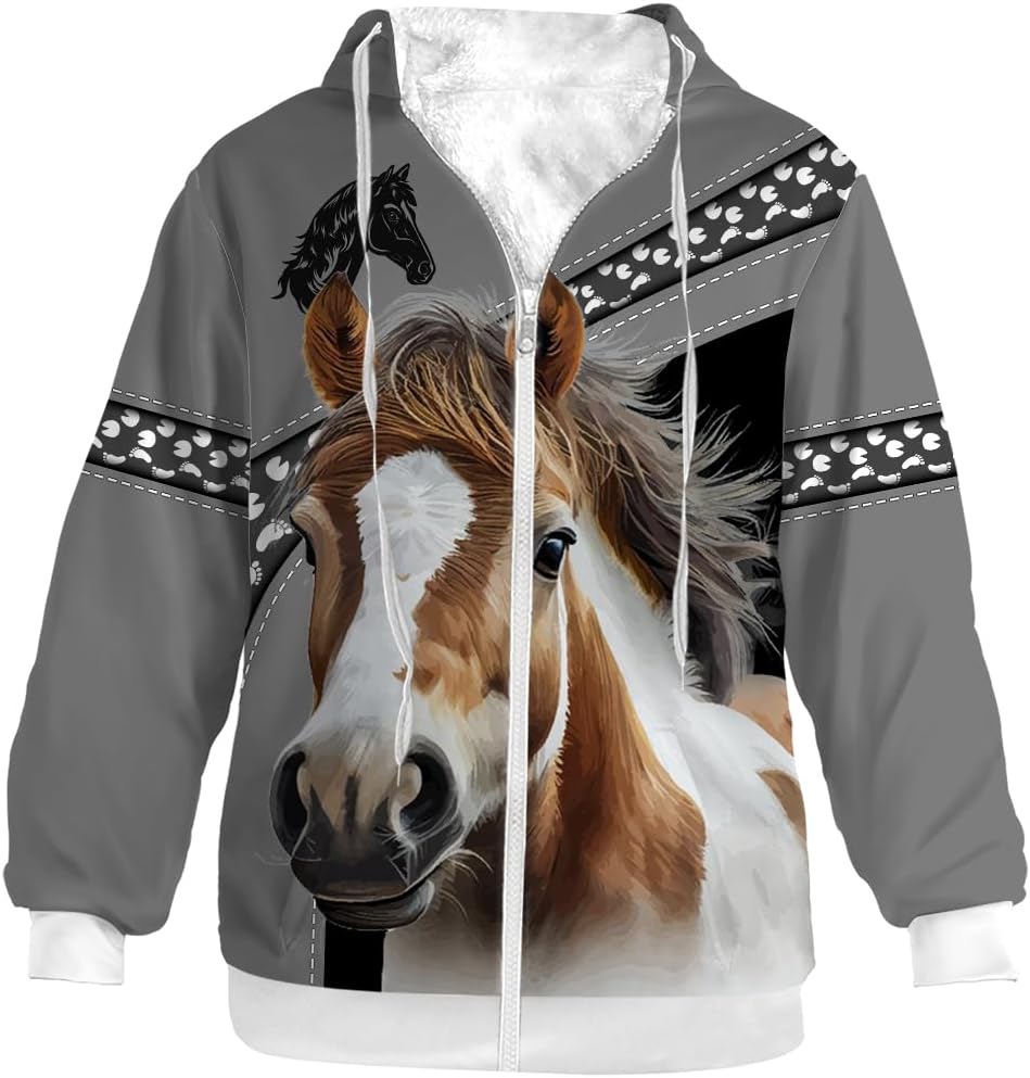Uminder Horse Print Jacket for Men Fleece Sweatshirt Winter Coat with Hood Zip Up Hoodies