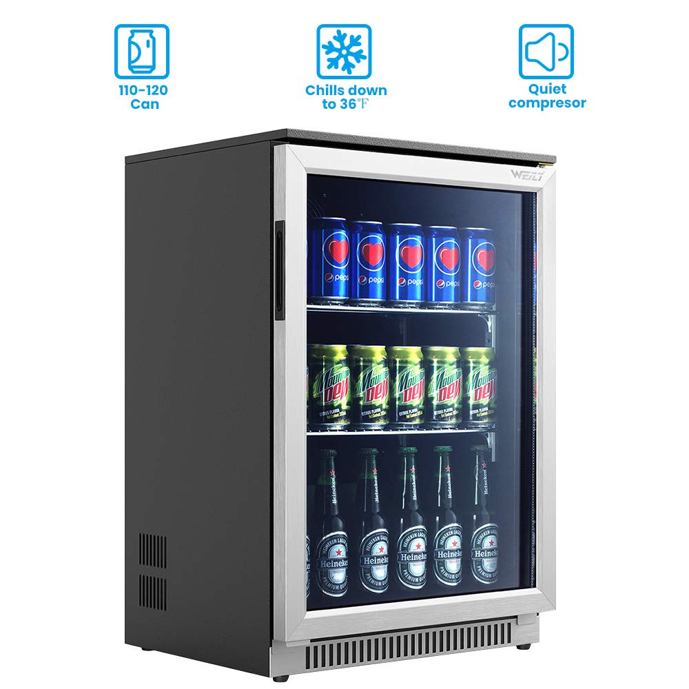 Weili 20 Inch Built in Beverage Refrigerator with Lock, Under Counter or Freestanding 120 Can Soda Beer Drink Cooler Fridge with Stainless Steel and Glass Door on Fridge.com
