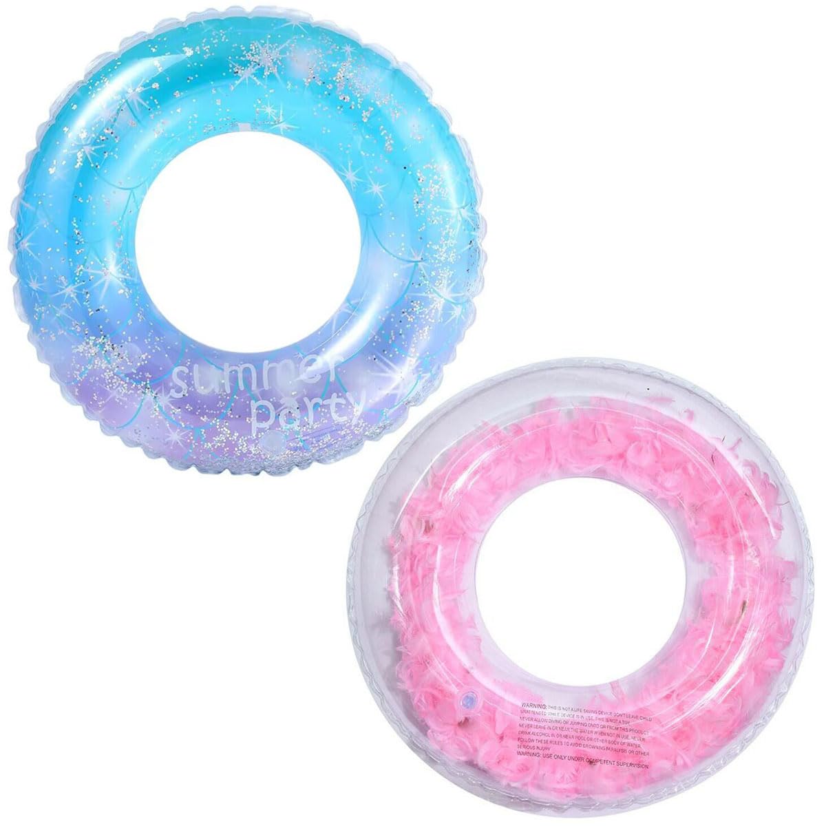 2 PCS Swim Rings for Adults and Children above 8 Years Old, Pink Feather Filled and Blue Glitter Swimming Ring Pool Beach Inflatable Float