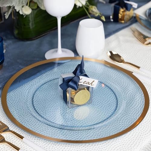 Miniatura 2 de Paquete de 8 platos azules con borde dorado, cargadores de plástico desechables y reutilizables redondos de 13 pulgadas para bodas, eventos y