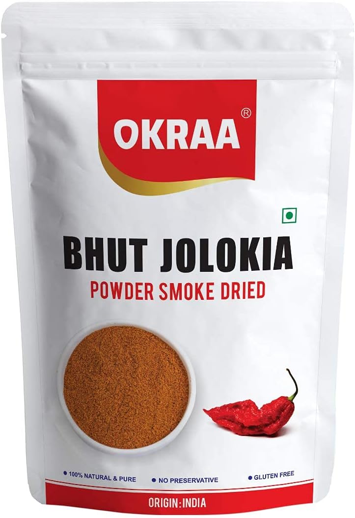 OKRAA BHUT JOLOKIA POWDER - 50 GM/Ghost Pepper Powder/Naga Chilli Powder/King Chilli Powder (SMOKE DRIED) organically Grown