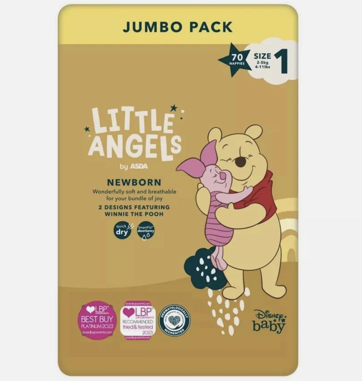 Little Angels by ASDA Newborn Nappies, Size 1 (2-5kg), Winnie the Pooh Disney Design, Quick Dry, Wetness Indicator, Jumbo Pack of 70