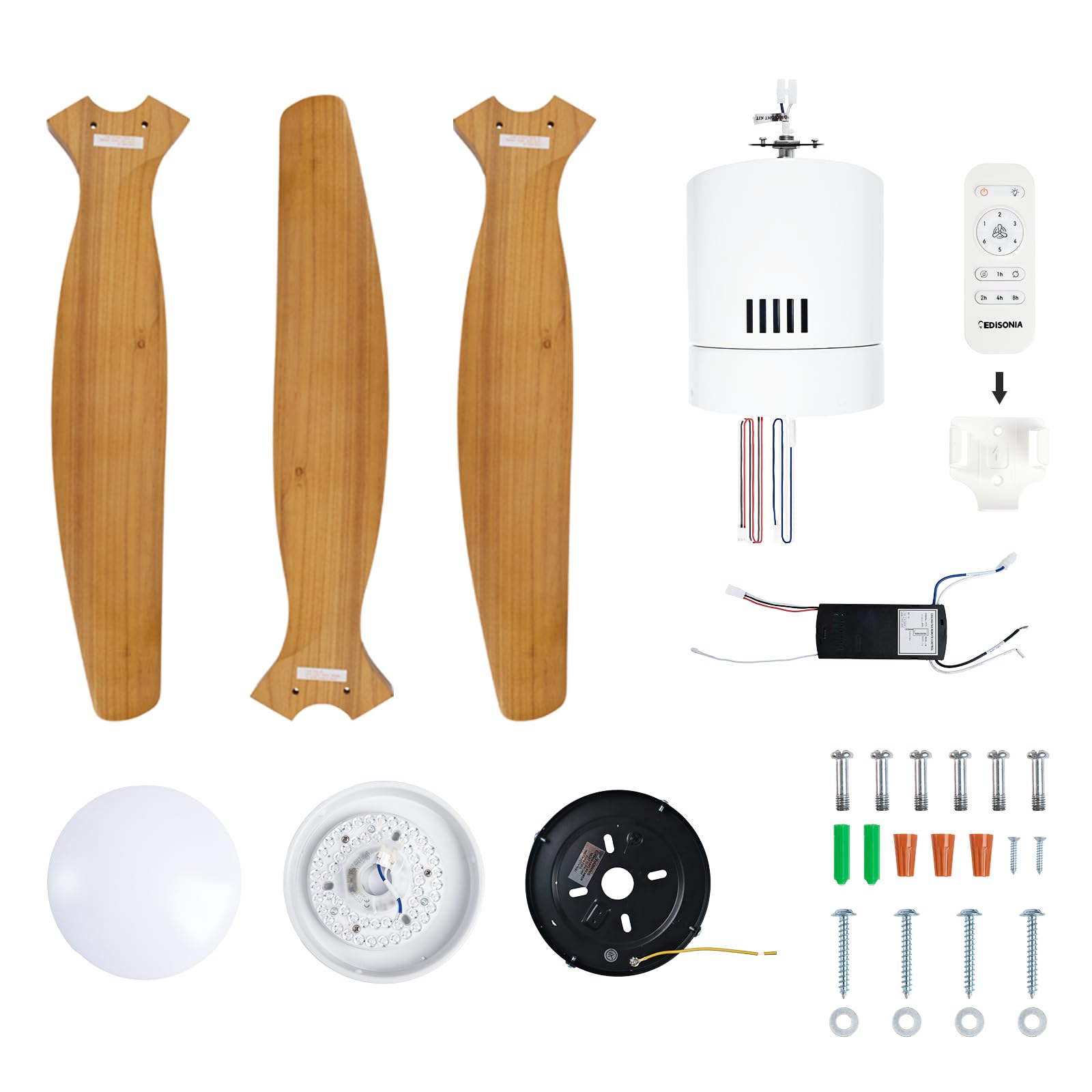 Ventilador de techo con luz blanco aspas efecto madera clara y mando / 40W, Silencioso, 3 temperaturas de luz, Ø132 cm, 6 velocidades,temporizador, función verano-invierno