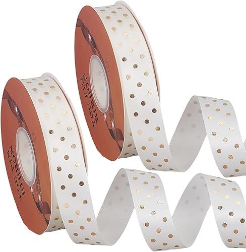 CABODYALS Ruban Gros Grain en Satin de Polyester à Pois Blancs et Dorés Imprimé 