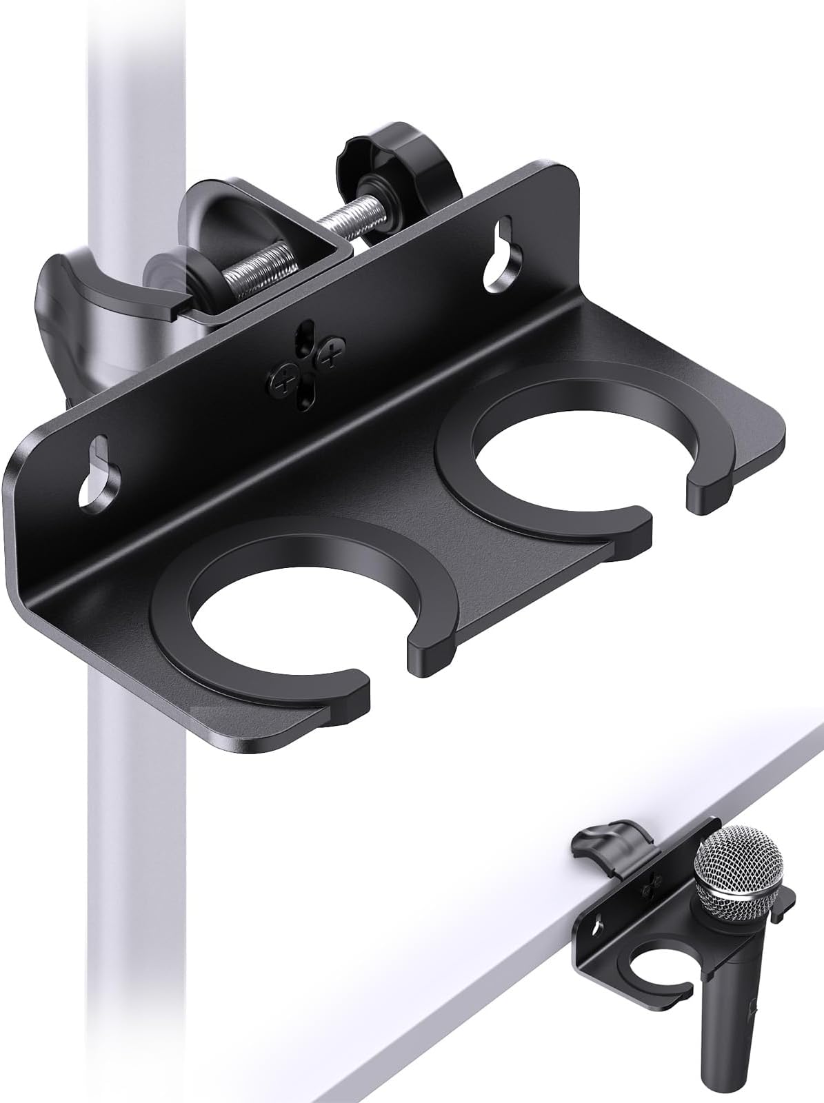 - Multi Microphone Holder with Clamp (Aluminum/Rubber), Mount on Mic Stand & Desk Edge & Wall, Hold Up to 2 Wired/Wireless Handheld Mics, Ideal for Church, Street Performance, Home Studio, Karaoke