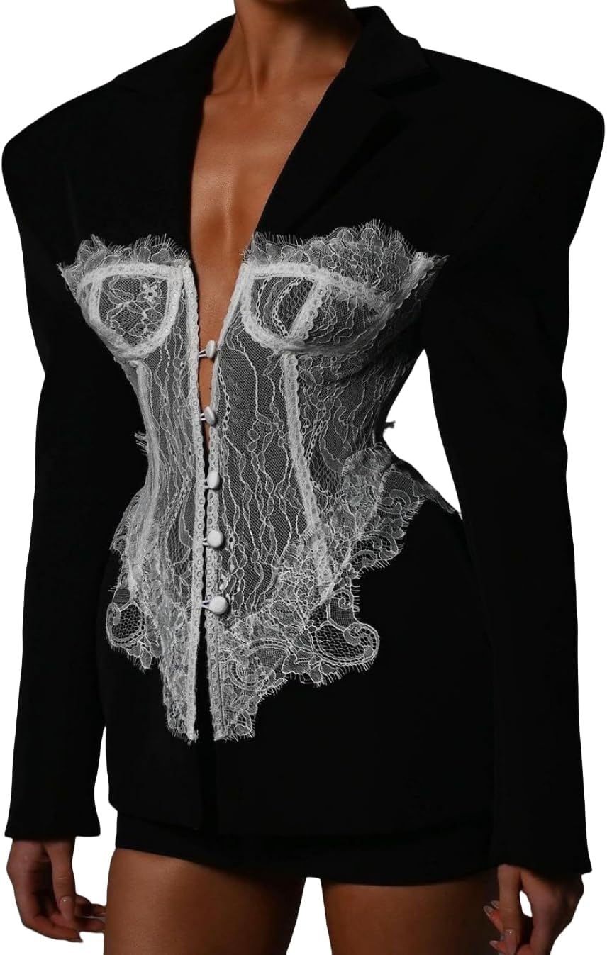 Blazer Dress for Women Sexy Slim-Fit Blazers Jackets Outfit with Lace Corset Patchwork, Bold Shoulder Design