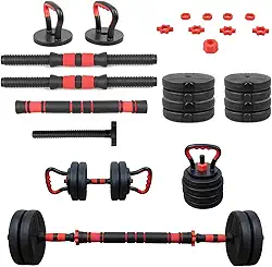 Conjunto de Halteres e Barra 15kg | Kit Musculação Completo para Treinar em Casa | Anilhas e Barras Ajustáveis | Academia em Casa Compacta