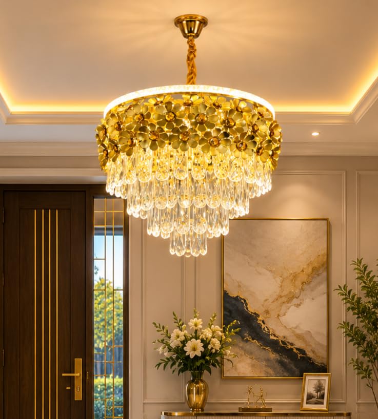 Image of Elegant Chandelier Ceiling Light for Living Room Hanging Pendant Light | Italian K9 Crystals | Metal Frame | Adjustable LED Light-Pack of 1 (Chandelier-Floral-500MM-Gold)